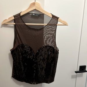 Zara mesh sequins top - Brown, size L